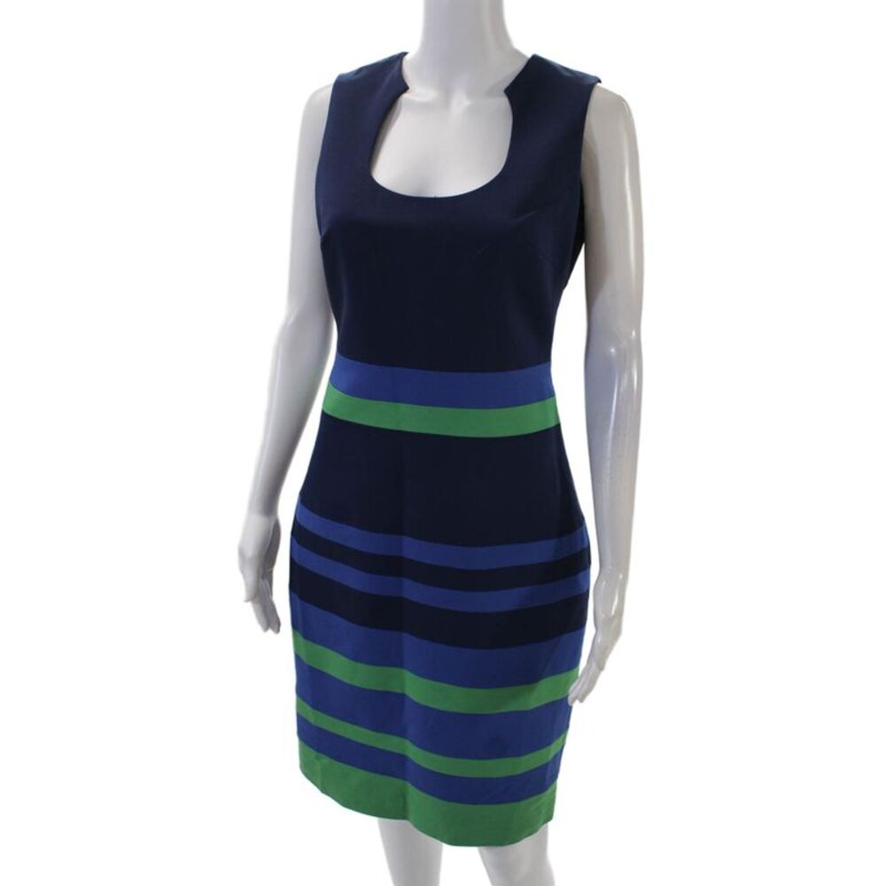 Belle Badgley Mischka Womens Striped Sleeveless Sheath Dress Navy Blue Size 4 - Picture 2 of 5